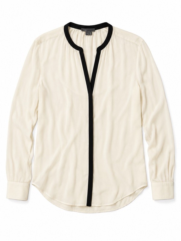 Vince Ivory Silk Blend Contrast Trim Long Sleeve Blouse Top Women’s Small