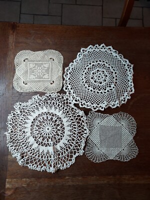 Lot of 4 Vintage Hand Crocheted Doilies 100% Cotton Floral Lace Patterns Tan 