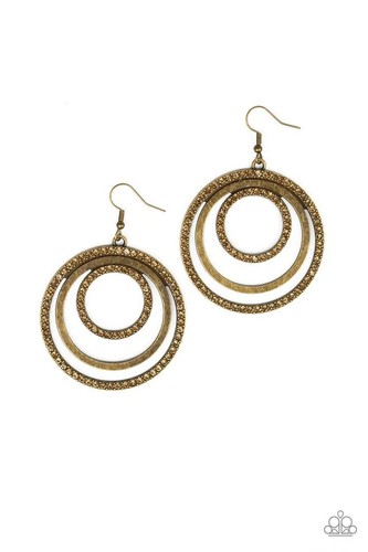 Paparazzi "Rippling Refinement" Topaz Rhinestone Dangling Brass Hoop Earrings - Picture 2 of 2