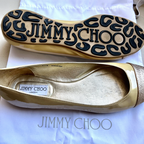 Zapatos planos de ballet Jimmy Choo beige tostado con puntera dorada brillante para mujer talla EU 39,5 - Imagen 15 de 15