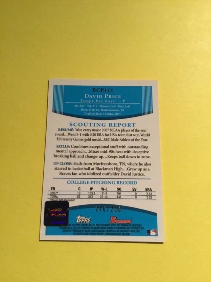 David Price 2008 Bowman Chrome Auto Rookie X-Ref 246/250 NM-MINT! FREE SHIP! - Image 3 of 3