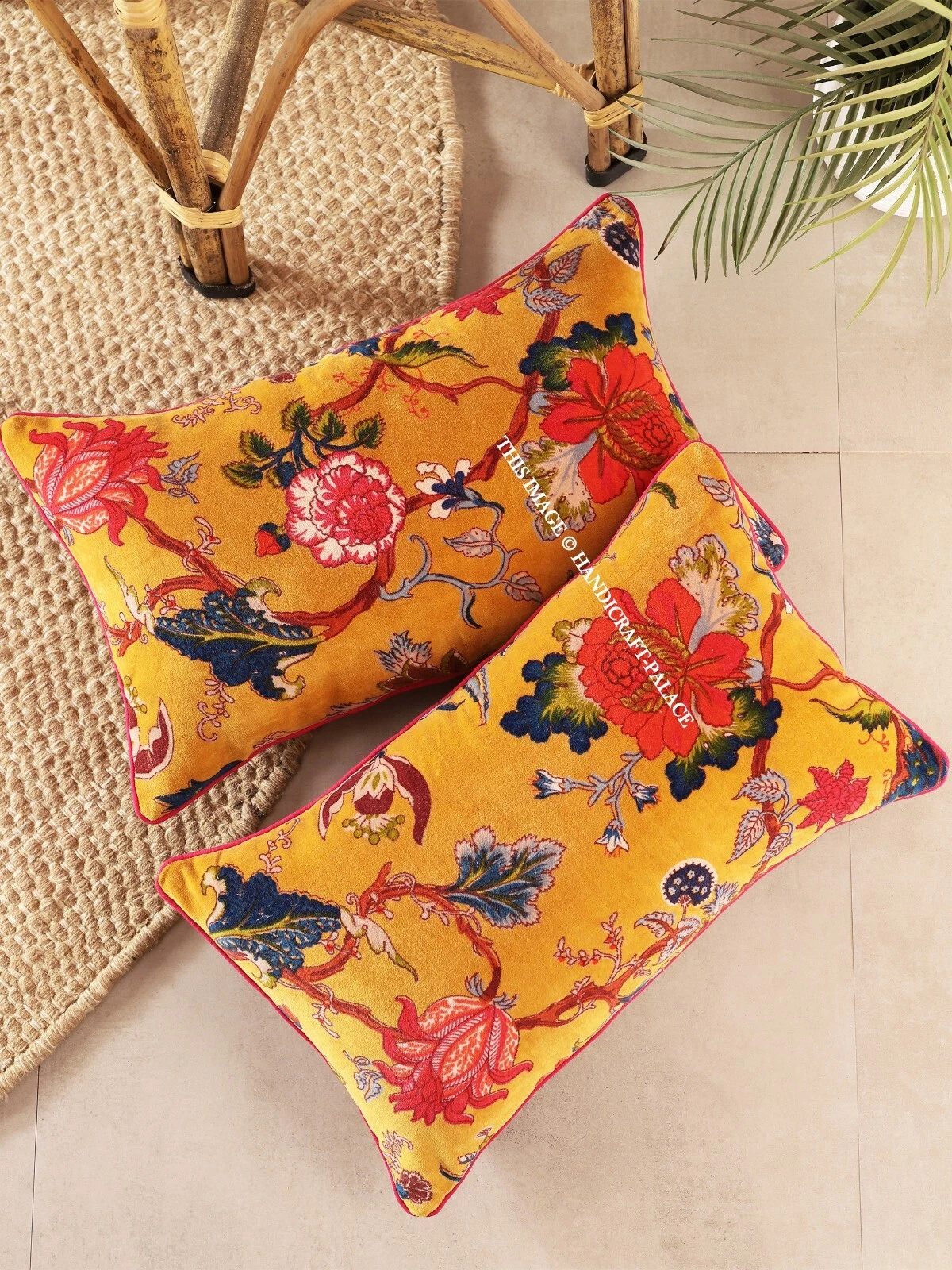 Yellow Velvet Floral Cushion Pillow Throw Ethnic Indien Handmade Cover 2PC SET