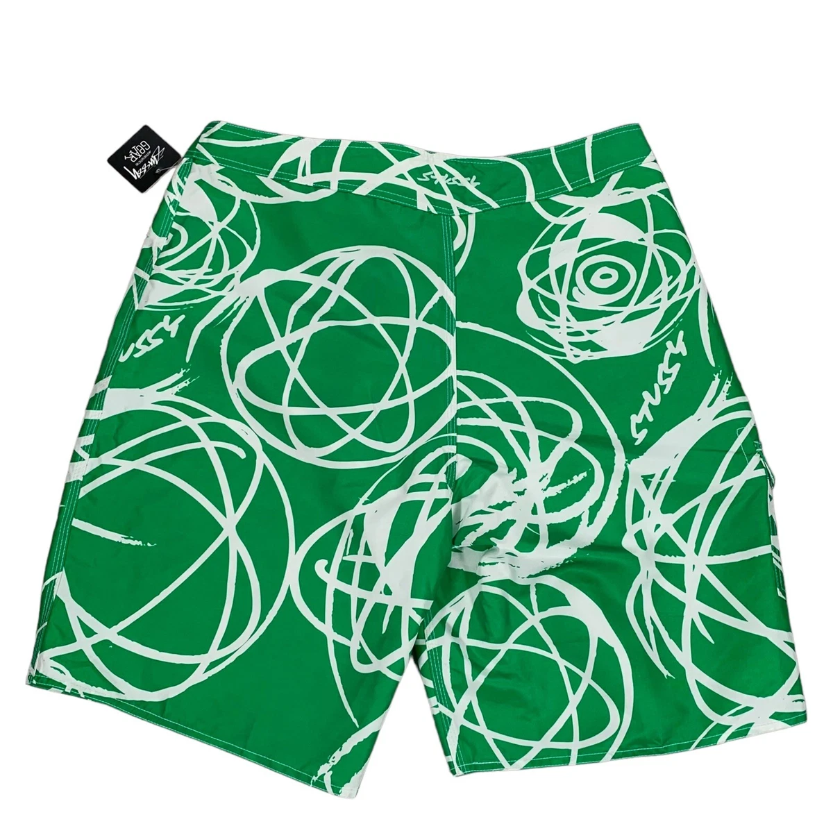 Vintage Stussy x Futura Green & White Atom Bomb Print Board Shorts Size 38
