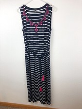 Talbots Dress M Petite Navy White Striped Maxi Embroidered Nautical Coastal A20