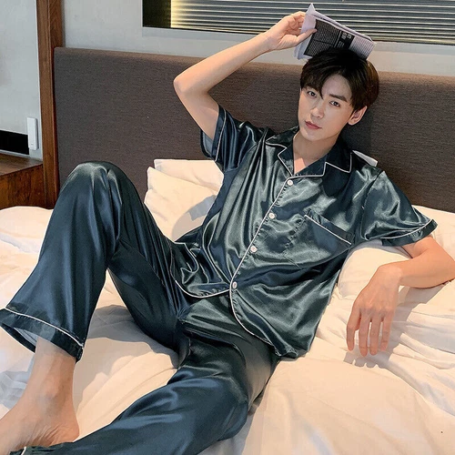 Men Pajamas Set Satin Top Pants Sleepwear Loungewear Indoor Home Casual Daily - Picture 11 of 11