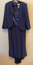 Montage Mon Cheri Formal Dress Embellished w/ Jacket Blue Satin Beaded Size 16