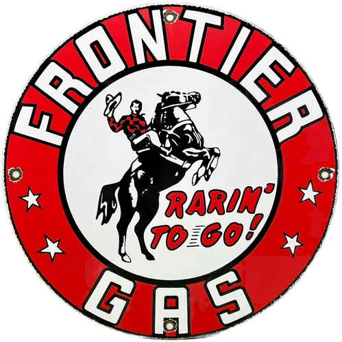 VINTAGE FRONTIER GASOLINE PORCELAIN SIGN GAS STATION MOTOR OIL BUCKING BRONCO