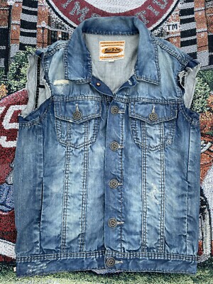 Rivet de Cru Jeans Classic Trucker Motorcycle Denim Vest Distressed Size Large