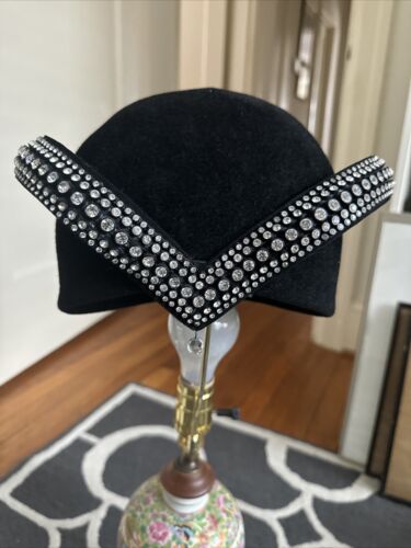 Vintage Deco Flapper Jack McConnell Hat Red Feather NYC Rhinestones Church Derby
