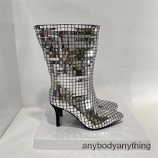 Sequins Womens Pointed Toe Mid Calf Boots High Stiletto Heel Runway Pull on Size
