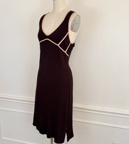 Vintage Y2K BCBG Dress Sleeveless Midi Chocolate Brown Pink Piping Bodycon Fit L - Picture 4 of 12