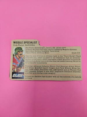  GI Joe BAZOOKA Missile Specialist Bio File Card ONLY Vintage Original