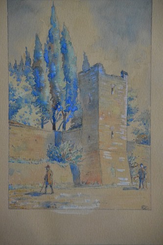 Acuarela, muralla, dibujo arquitectónico, probablemente Italia, sign., RK - Imagen 2 de 4