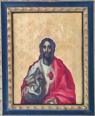 SUPERB 18th CENTURY OLD SPANISH MASTER PAINTING SAGRADO CORAZON, EL GRECO SCHOOL