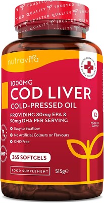 Nutravita Lebertran 1000mg - 365 Weichkapseln | Omega-3 EPA/DHA + Vitamine A D E