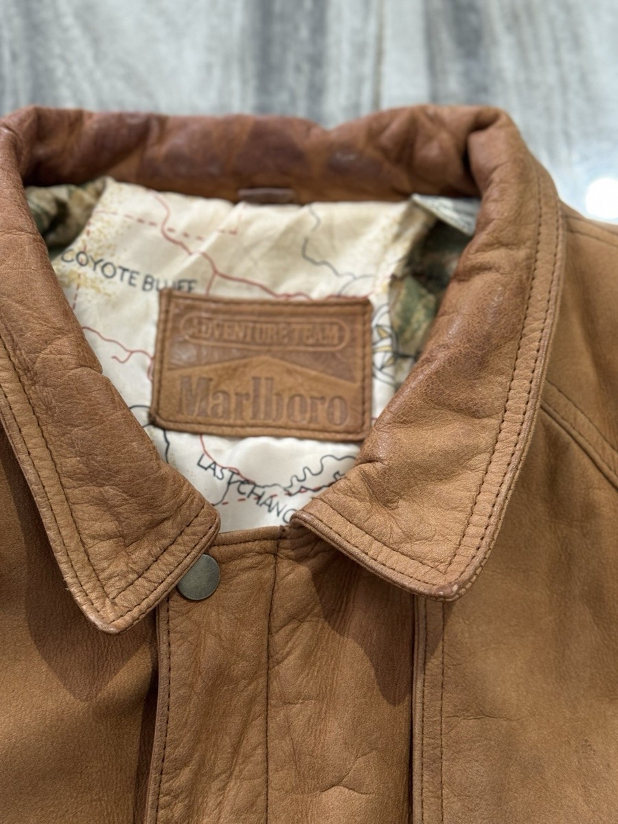 Vintage Marlboro Adventure Team Jacket Mens XL Brown Leather