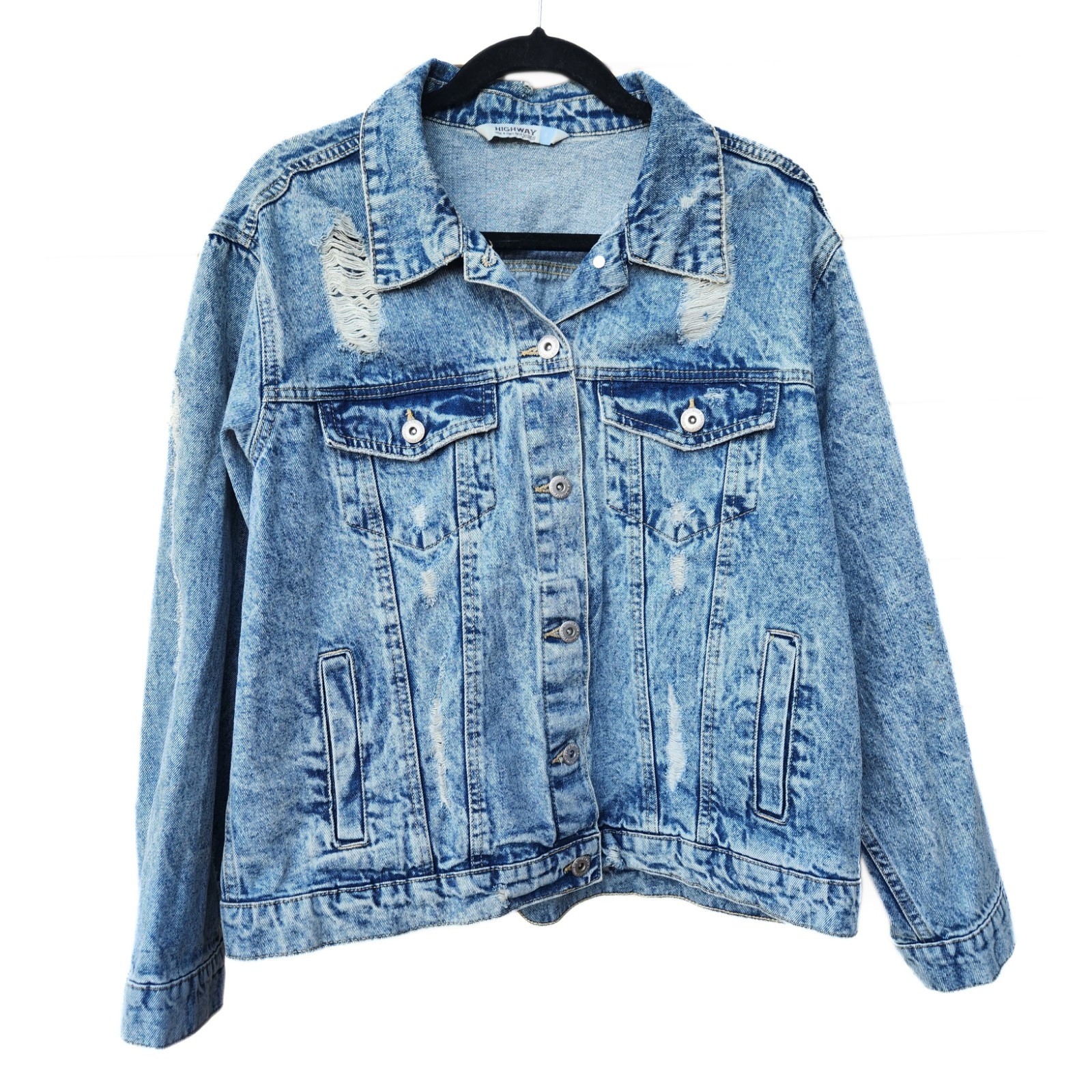 Denim Jacket Womens Distressed Blue Jean Button Up Size Large NEW-image