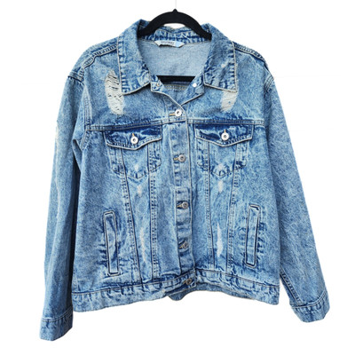 Denim Jacket Womens Distressed Blue Jean Button Up Size Large NEW