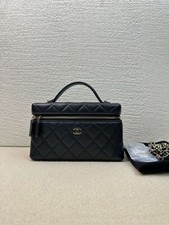 Chanel 26C Long Vanity Case Lunch Box Bag Black Caviar Leather Gold Hardware