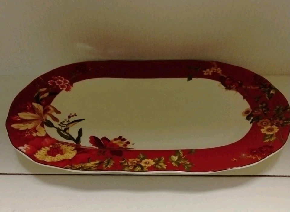 222 FIFTH Fleur Rouge 14" Oval Serving Platter 14" x 10" - Image 2 of 4