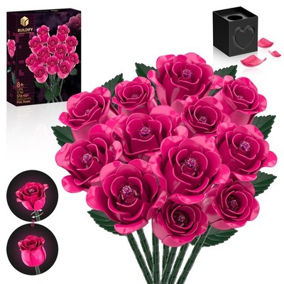 12 Everlasting Pink Roses Bouquet Building Set, Gothic Home Office Table Cent...