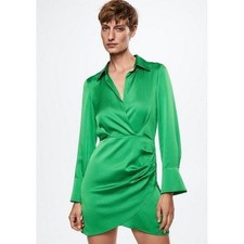Mango Green Satin Wrap Mini Dress Collared Long Sleeve Ruched Cocktail Party