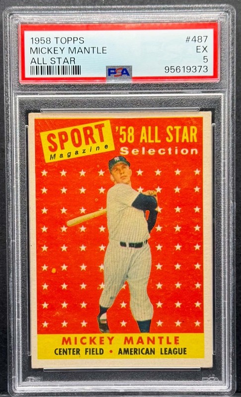 1958 TOPPS BASEBALL ALL-STAR #487 - MICKEY MANTLE - YANKEES HOF PSA 5 EX SHARP
