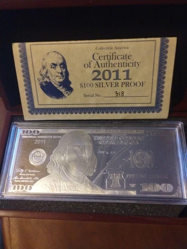 2011 $100  FRANKLIN SILVER PROOF BAR WASHINGTON MINT 4 TROY OUNCE .999 #318/5000