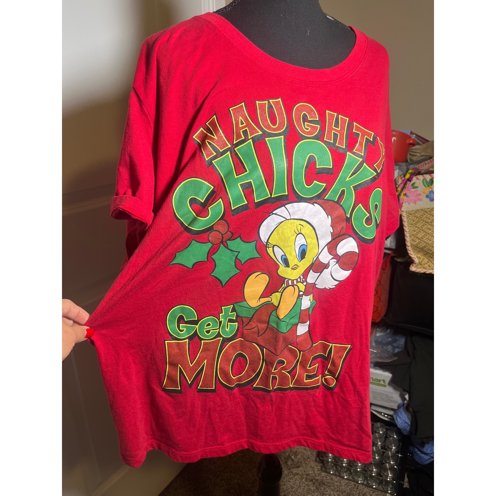 Looney Tunes Tweety Bird Naughty Chicks Get More Christmas Red T Shirt Plus 4XL
