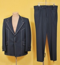 Men's VTG 70s Dark Blue 2 PC Leisure Suit Sz M/L 1970s Disco Polyester