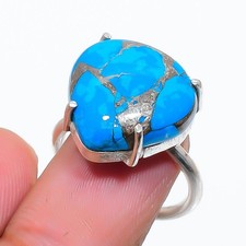 Copper Blue Turquoise Gemstone 925 Sterling Silver Jewelry Ring Size Adj. v852