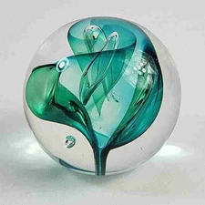 Signed Kosta Boda Art Glass Paperweight - Green Swirl Bubbles Sweden