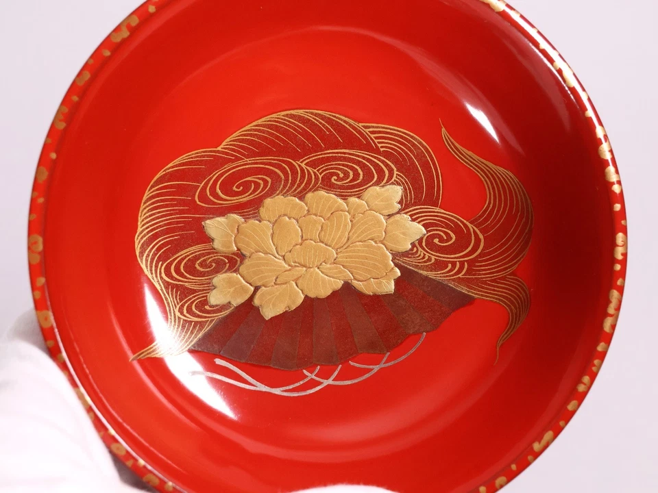 Juego de 5 platos de laca japonesa de 4,72 pulgadas peonía dorada y abanico ceremonia del té Meiji Era2 Foto 4 de 4