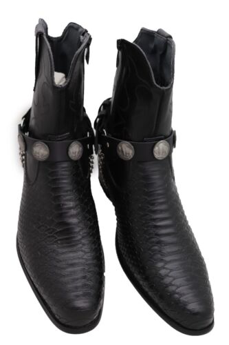 Herren Biker Silber Metall Kette Paar Schwarz Kunstleder 2 Stiefel Riemen Büffel Anhänger - Bild 4 von 20