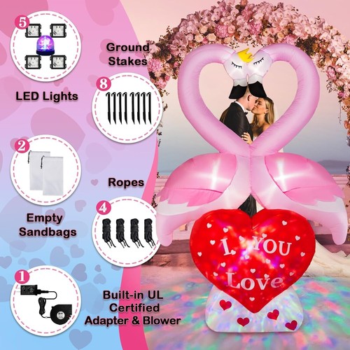 6FT Inflatable Couple Swan Pink Heart LED Lighted Yard Decor for Valentine's Day - Picture 9 of 10