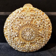 New Gold Art Deco Round Hard Shell Clutch Bag With Clear Austrian Crystal