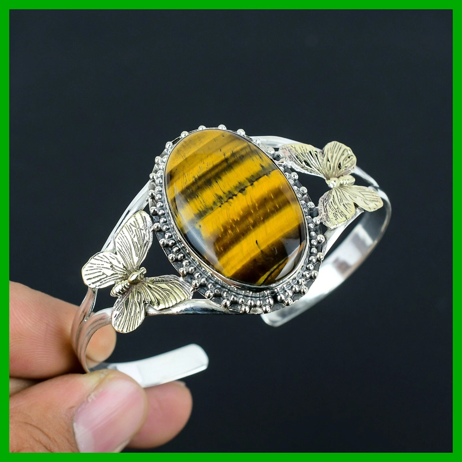 VALENTINO Braccialetto con farfalla in argento 925 con pietre preziose occhio di tigre e placcato oro 18 carati