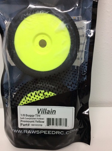Raw Speed RC "Villain" 1/8 Pre-Mounted Buggy Tires (2) Yellow, Soft - Picture 2 of 7