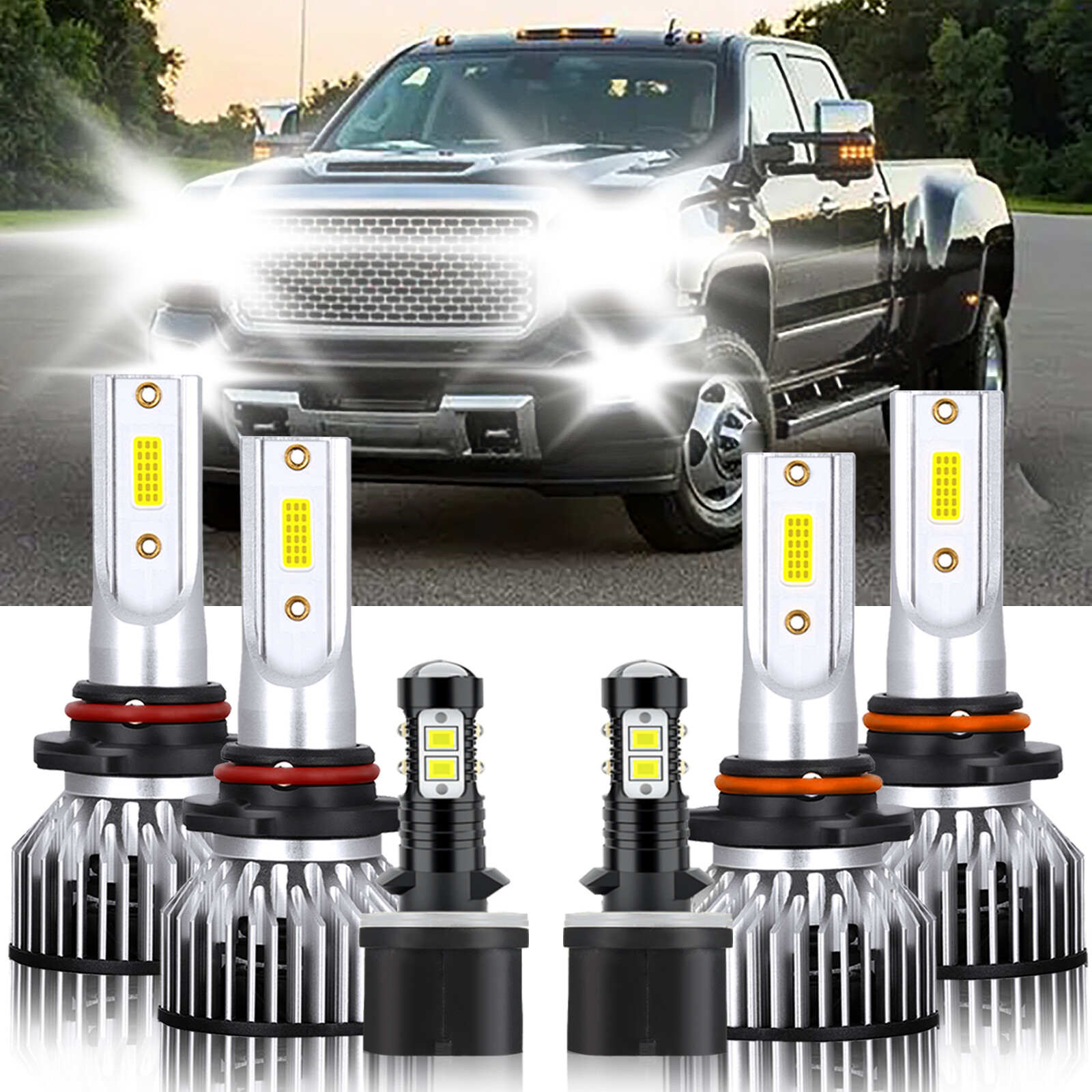 LED Headlight High Low Beam+Fog Light Bulbs 6000K For GMC Sierra 2500 2000-2002
