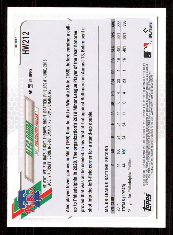 2021 Topps Walmart Holiday #HW212 Alec Bohm Rookie - Image 2 of 2