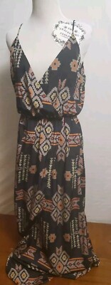 MAHINA Black Geometric Print Sleeveless Crepe Long Maxi Dress Size Small 