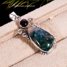 Moss Agate & Garnet Lovely Gemstone 925 Sterling Silver Handmade Pendant PG1762