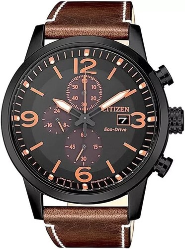 CITIZEN CA0745-11E ECO-DRIVE CZARNY CHRONOGRAF TARCZA BRĄZOWY SKÓRZANY ZEGAREK MĘSKI