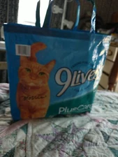 Medium Reusable Shopping Blue Tote Gift Bag Handmade From Cat Food Bag 9 Lives