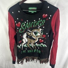 Ugly Christmas Sweater Large Rudolph Santa's Little Helper Fringe Blk/Red