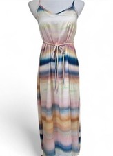SOMA Crinkle Satin Maxi Dress Built In Bra Multicolor Flowy Tie Waist Sz Small