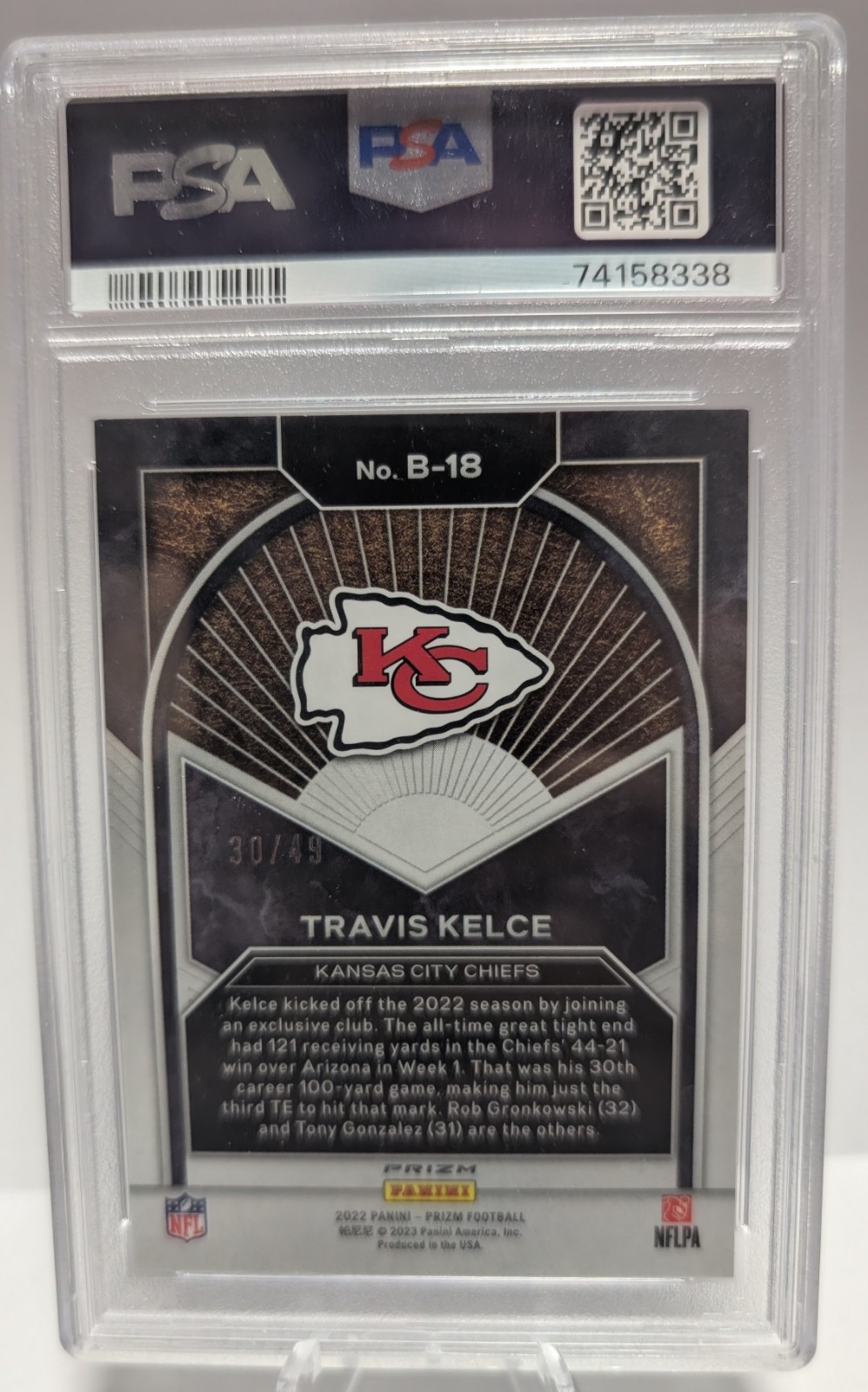 2022 Panini Prizm Brilliance Travis Kelce Purple Power #B-18 /49 PSA 9 view 2