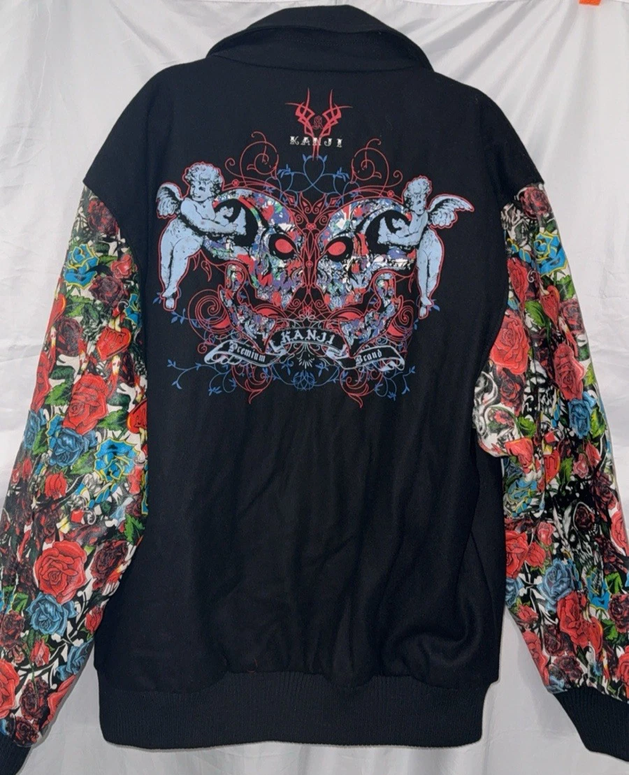 Kanji Jeans Men's Jacket Size 3XL Black Embroidered Wool Leather Vintage Y2K NEW image 8