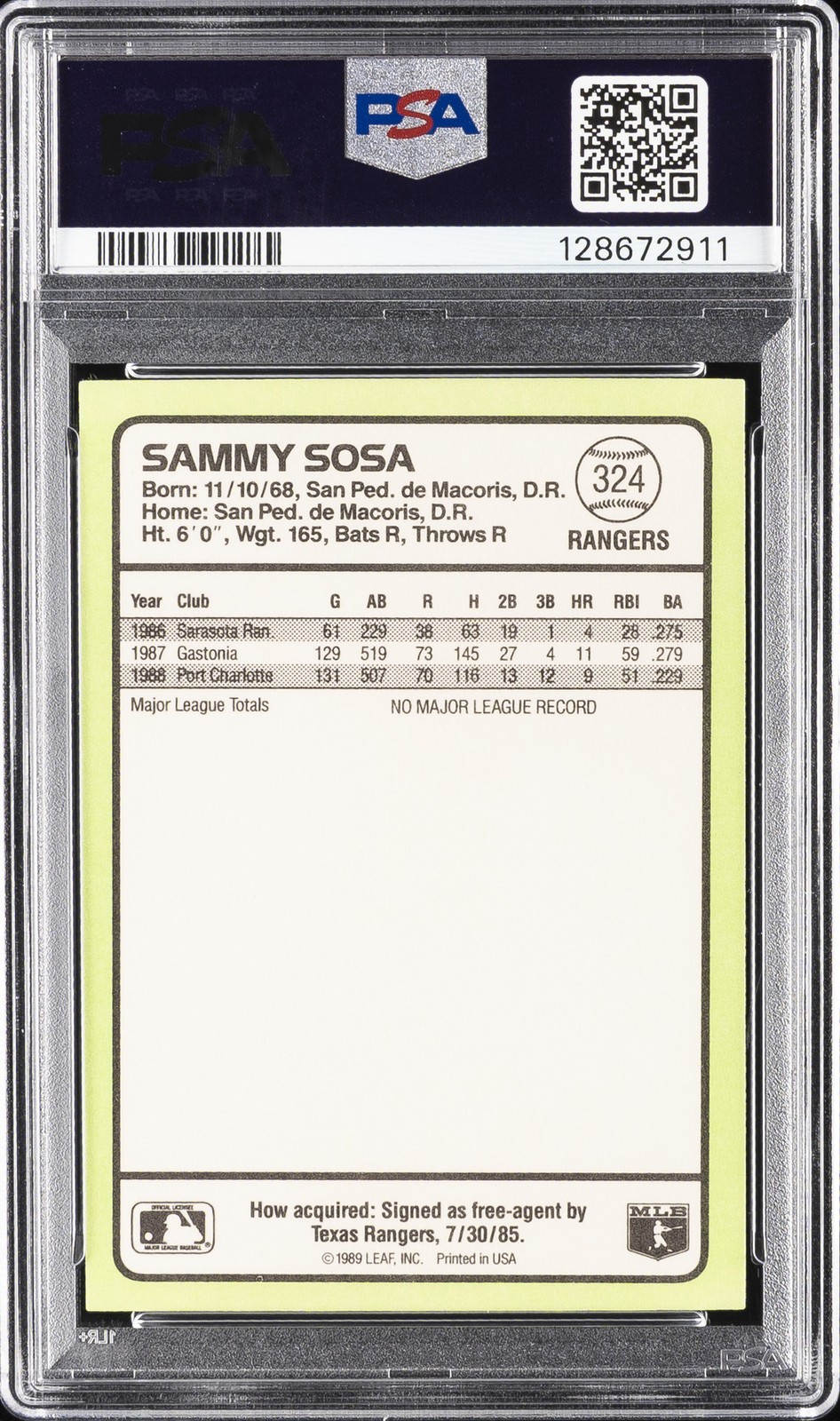 1989 DONRUSS BASEBALL'S BEST #324 SAMMY SOSA PSA 9 view 2