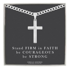 Mens Solid Sterling Silver Traditional Cross Necklace Italian Curb Chain Gift